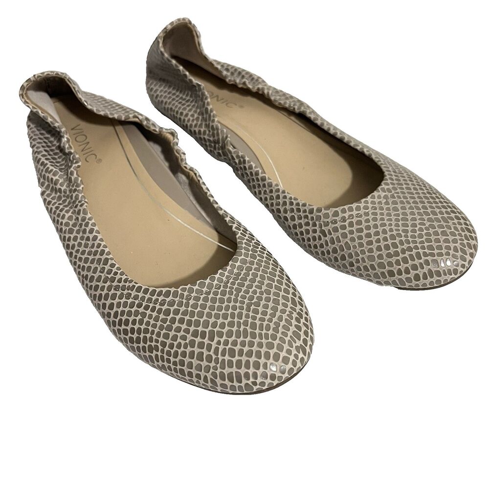Vionic Alexa Lizard Ballet Flats Size 7.5 Gray Champagne Leather Slip-On Career